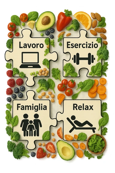 Puzzle (Lavoro, Esercizio, Famiglia, Relax), in lavoro metti icona di un PC, in Esercizio un Manubrio, in Famiglia una famiglia, in Relax qualcuno che riposa and healthy foods are integrated into each piece. in italiano sticker