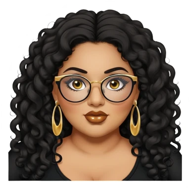 big plus size, latina, darker tan skin, gold earring, long black curly hair, baddie,pretty, makeup, lipgloss, black eyeliner, long hair, black top, black glasses sticker