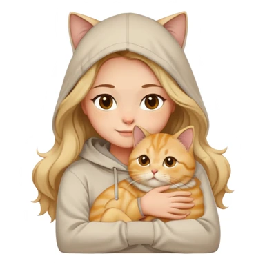 	A girl with long wavy hair (brown base with platinum blonde highlights), wearing a light beige hoodie, hugging a golden shaded British Shorthair cat (golden chinchilla, BY23). White background, soft smile, big brown eyes. Clean and simple Apple emoji style. sticker