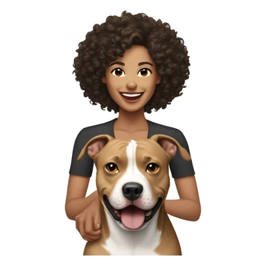 light skin woman with curly black hair expressing joy alongide a brown and white pitbull sticker