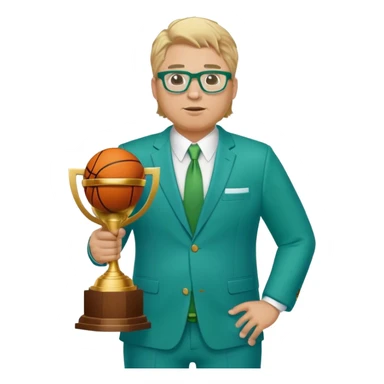 full body plus size male basketball coach with sandy blonde hair and glassed wearing blue and green suit holding a trophy sticker