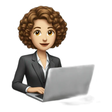 White woman with long curly brown hair, wearing a classic suit, working on a laptop sticker