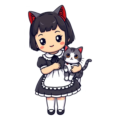 girl wearing black Lolita style dress, with medium-length black hair with red tips, and an American Shorthair tabby cat sticker