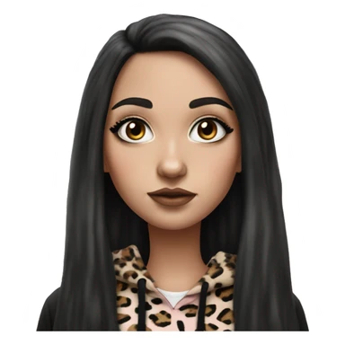 Hyperrealistic white girl with long black hair with a pink fringe and has eye makeup on, she is wearing a black and leopard print hoodie  sticker