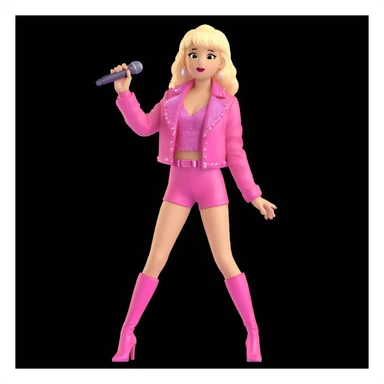 Pretty and thin tall Blonde pop star with bangs singing onstage, wearing a sparkly pink outfit   sticker