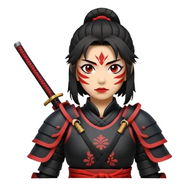 A female samurai with strong posture, black armor plates, and fierce determination. With red war paint markings  sticker