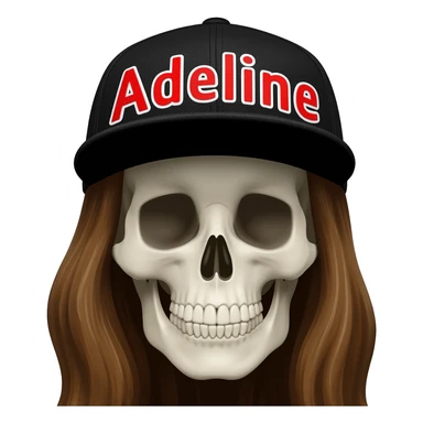Create a skeleton head wearing a black baseball cap that says " Adeline " in red, and white lettering, with long brown hair sticker