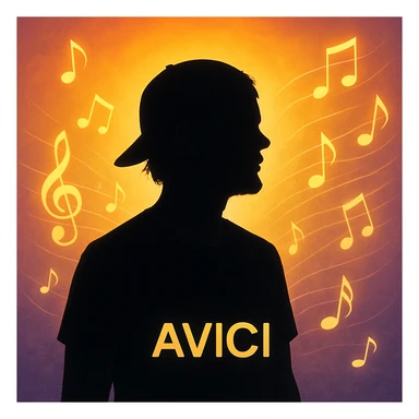 silhouette of Avicii age 36 with musical notes, uplifting and inspirational mood sticker