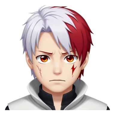Shoto Todoroki face only, left side white hair, right side red hair, heterochromatic eyes, burn scar on left side of face, serious expression sticker
