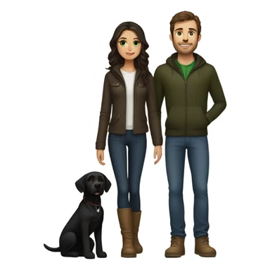 Spanish slim body brunette girl wearing Uggs next to a French guy brown hair, green eyes wearing hype outfit, chiseled jaw and with a black labrador pup  sticker