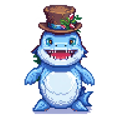 pixel art shark in a tophat, smiling sticker