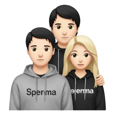 I want it to be this emote 🙍‍♂️
of a white guy with black hair and a black sweatshirt with the word "sperma" written in white in the middle. Behind him, there's a pretty blonde with long hair, pulling the string on the first person's hoodie. The girl is wearing a gray sweatshirt. sticker
