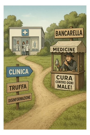 two paths diverge—one leads to a trustworthy clinic with doctors and scientific posters, the other to a shady stand selling “miracle” medicines with exaggerated claims. Signs along the second path warn of scams and misinformation. The scene encourages viewers to choose reliable, science-based healthcare. in italiano sticker
