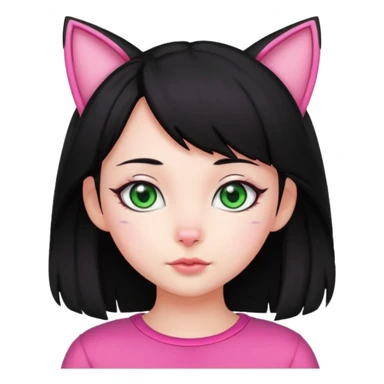 cute girl with pink cat ears, black hair, green eyes sticker