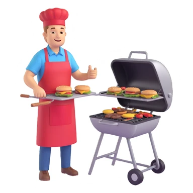 man at a barbecue grill, apron, flipping burgers, sunny day sticker