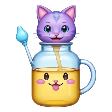 Smiling bottle of oil light purple top and light blue sticking tongue out and with cat ears sticker