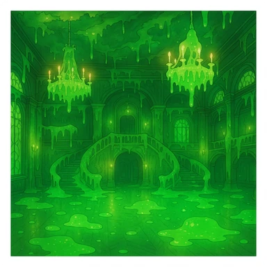 a ghibli-inspired dance hall with a whimsical, slimy atmosphere and glowing green ooze sticker