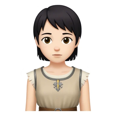 medieval summer outfit worn by a DnD themed fantasy character. basic sleeveless wool tunic with a frayed neckline and a decorative trim. clothes only above the waist. The clothes full waist. The character's haven't arms. character is white-skinned, black hair, brown eyes, short straight hair. sticker