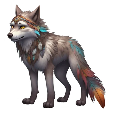 Anthro Fluffy Colorful Shy Spiritual Shamanic WereWolf-sona With Shiny Tribal Markings wearing feathers Full Body Detailed High Quality sticker