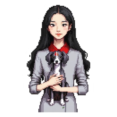 Slim Chinese girl with long black hair holding completely solid grey Italian greyhound with absolutely no white markings anywhere sticker