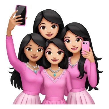 3 besties with professional glammed up looks wearing pink and white, medium skin tone smiling big with black long hair. Very girly wearing jewelry, taking a selfie  sticker