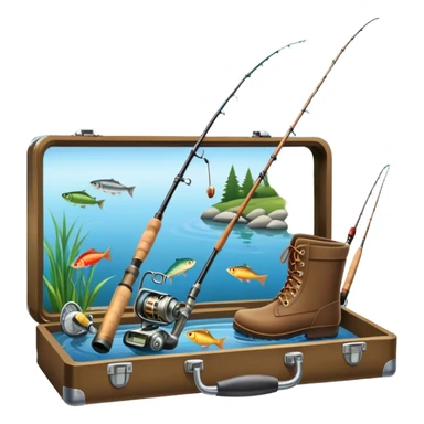 Icon for Fishing Travel: a fishing rod, tackle box, boots, and a boat by a serene lake, with fish jumping out of the water and surrounded by lush nature. The icon should capture the peaceful and adventurous spirit of fishing trips. Transparent background. sticker