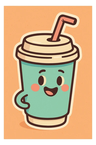 takeaway coffee cup with lid and straw, pastel colors, thick outline, graphic shadows and highlights, white border, cute cartoon style, variant 2 sticker