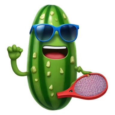 pickle holding a solid red paddle ball racket, blue backgound, wearing sunglasses sticker