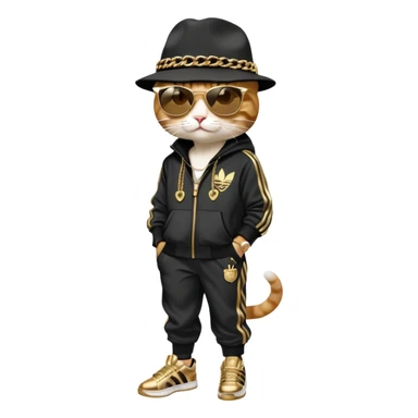 female cat dressed like Run DMC with tracksuit, fedora, Adidas shoes, dark sunglasses, lots of gold chains, upright sticker