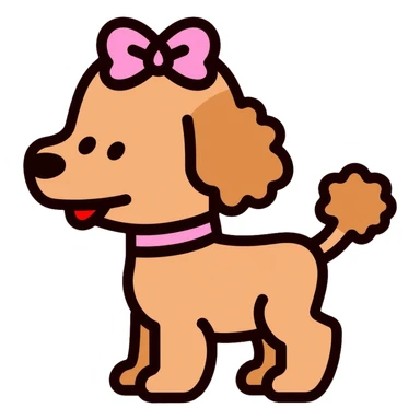 Cute brown poodle dog with a pink bow on its head and tail, with its tongue sticking out, and wearing a pink collar sticker