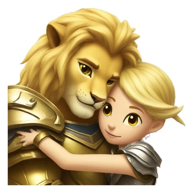 A lion leonin with golden armor hugging a female blonde elf  sticker