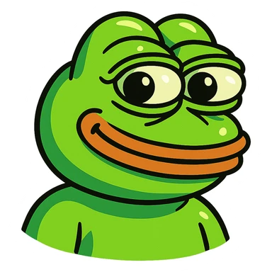 3D-style Pepe the Frog in neon green, smiling, with a thought bubble, eyes looking right, with pronounced highlights, deep shadows, and a visible drop shadow sticker