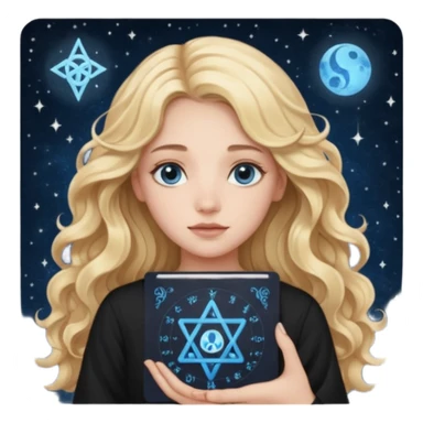 A long wavy haired blonde girl with blue eyes, wearing black, holding astrology chart with Virgo symbol  sticker