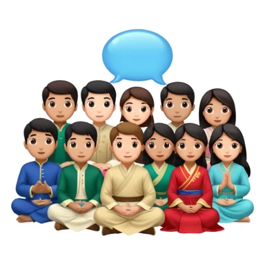 A group of young Pakistani people sitting around and sharing knowledge, with talking bubble of Hong kong sticker