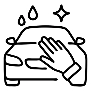outlined icon of a premium car hood with an elegant hand wearing a white glove, water drops and shine, black and silver, smooth motion lines, modern and clean sticker