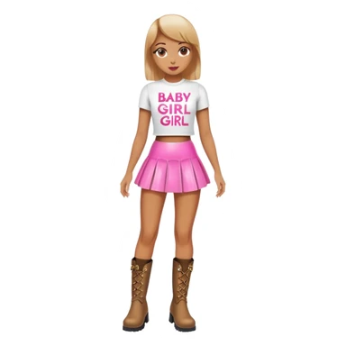 Mini latex skirt and boots and short top with pink inscription “Baby girl” sticker