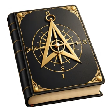 A black and gold book with an aged leather texture, embossed with an alchemical symbol, a compass, or a forging hammer, exuding wisdom, mastery, and the relentless pursuit of greatness. - book on mastery ... silhouette of a triangle  sticker