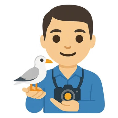 Minimalist emoji-style illustration of a smiling photographer holding a seagull in their hands and a camera around the neck. Simplified, clean lines, vibrant colors, small size sticker