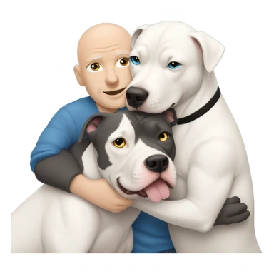 white bald man with blue eyes hugging large dark grey pit bull sticker