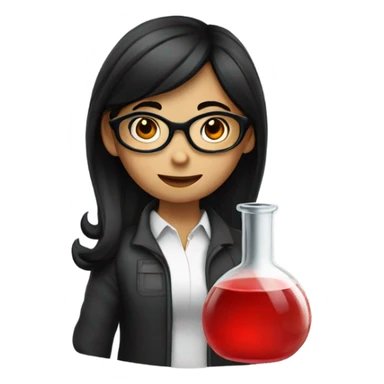 girl with black hair and glasses holding red lab sticker