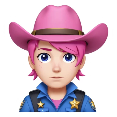 An emoji of character colt from popular video game brawl stars. With pink hair, white skin and pink sideburns. He wears blue sheriff clothes sticker