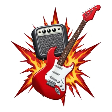 Create a fierce and edgy emoji representing hardcore rock vocal performance in a humanless collage. The design should feature a vintage microphone at the center, Add crossed drumsticks behind the microphone to symbolize the rhythm and power of the drums. surrounded by a menacing, distorted electric guitar with sharp, aggressive angles. Include subtle elements like lightning bolts, flames, or jagged sound waves to evoke the raw energy and intensity of hardcore rock. Use dark, intense colors like black, red, and silver, with a metallic, gritty finish to convey the rebellious, aggressive spirit of the genre. The background should be transparent. sticker