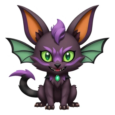 Black edgy Noivern-Noibat-Purloin-Torracat-Lykoi-Caracal-cat-Fakemon-fusion-hybrid-creature with bat wings on head as ears, big fangs, gothic markings sticker