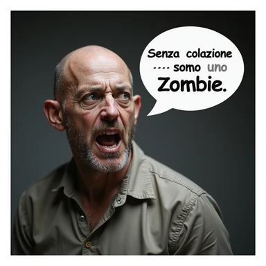 hyperrealistic 4K man isolated on white background with a speech bubble saying 'Senza colazione sono uno zombie', funny expression, realistic details sticker