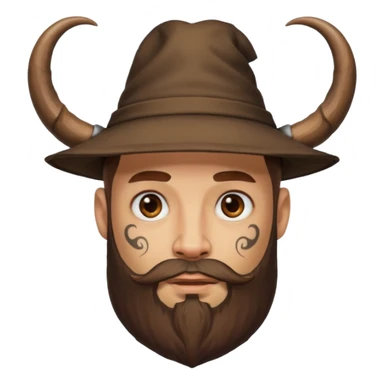 Bearded figure — large brown hat with horn, tattoo on face sticker