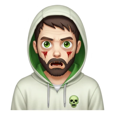 zombie with shocked expression, undercut hairstyle with dark brown hair, short full beard, heterochromia with one green eye and one brown eye, wearing plain white hoodie with hood up sticker