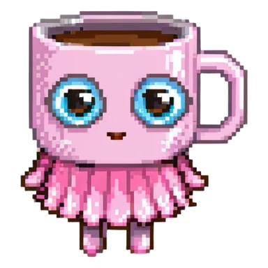 cute coffee mug character with big eyes and a pink ballet dress in pixel art style sticker