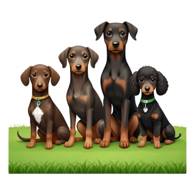 Close-up of a Doberman Pinscher, a Dachshund and a Poodle sitting together on lush green grass. The background features a beautiful, serene nature view with rolling hills and bright blue skies. The dogs' sleek coats shine under the sun. Transparent background. sticker