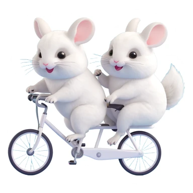 two white fluffy chinchillas riding a tandem bicycle, soft fur, joyful expressions sticker