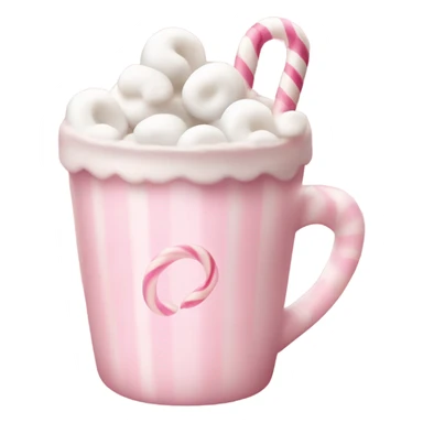 A light pink hot chocolate cup with little marshmallows in and a pink and white candy cane  sticker